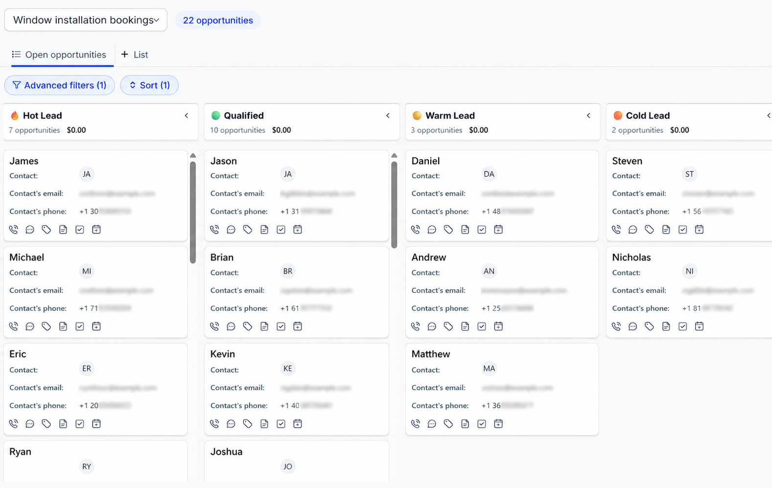 Setwell CRM — booked opportunities pipeline
