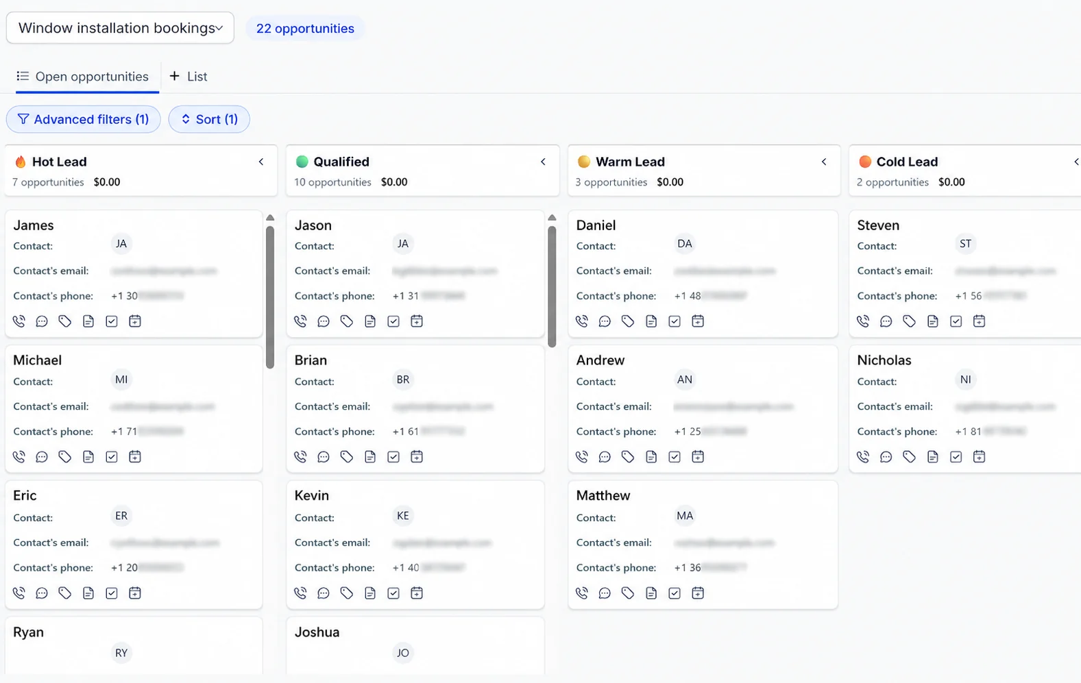 Setwell CRM pipeline showing leads sorted into Hot, Qualified, Warm and Cold columns with contact details